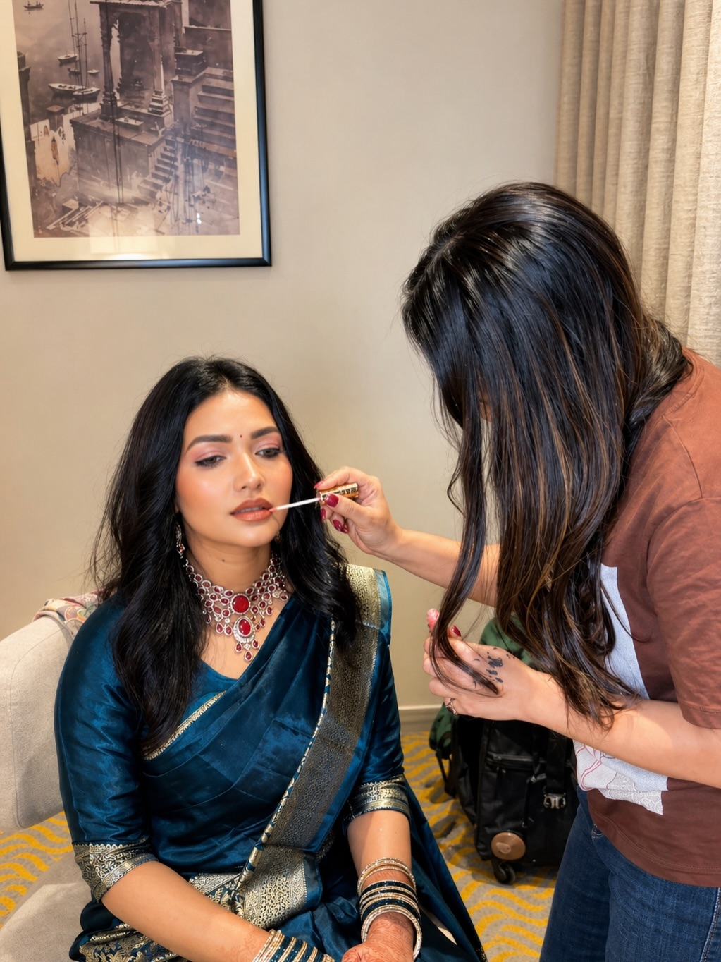 Neera Raj applying bridal makeup in luxury setting
